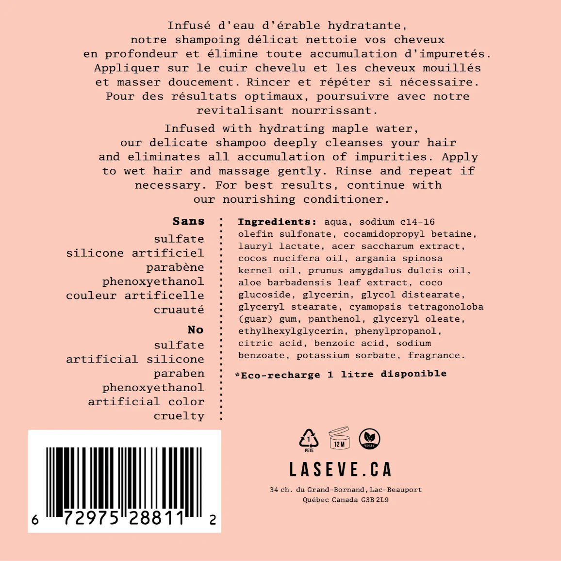 Lasève - shampoing a l'eau d’érable